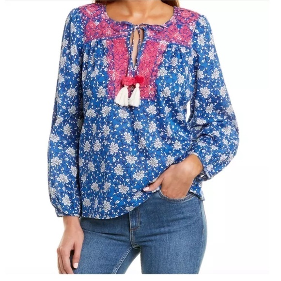 J. Crew Floral Peasant Embroidered Top in Pink, Blue, and White size XS - Picture 1 of 8